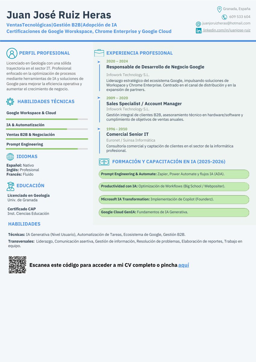 jjrh64's tweet image. Actualizando mi perfil profesional para 2026. 🚀De experto en el ecosistema Google a especialista en IA Generativa y automatización. Experiencia sólida en ventas B2B y gestión de partners. ¡Abierto a nuevos retos! 👇 #IA #TechSales #GoogleCloud"