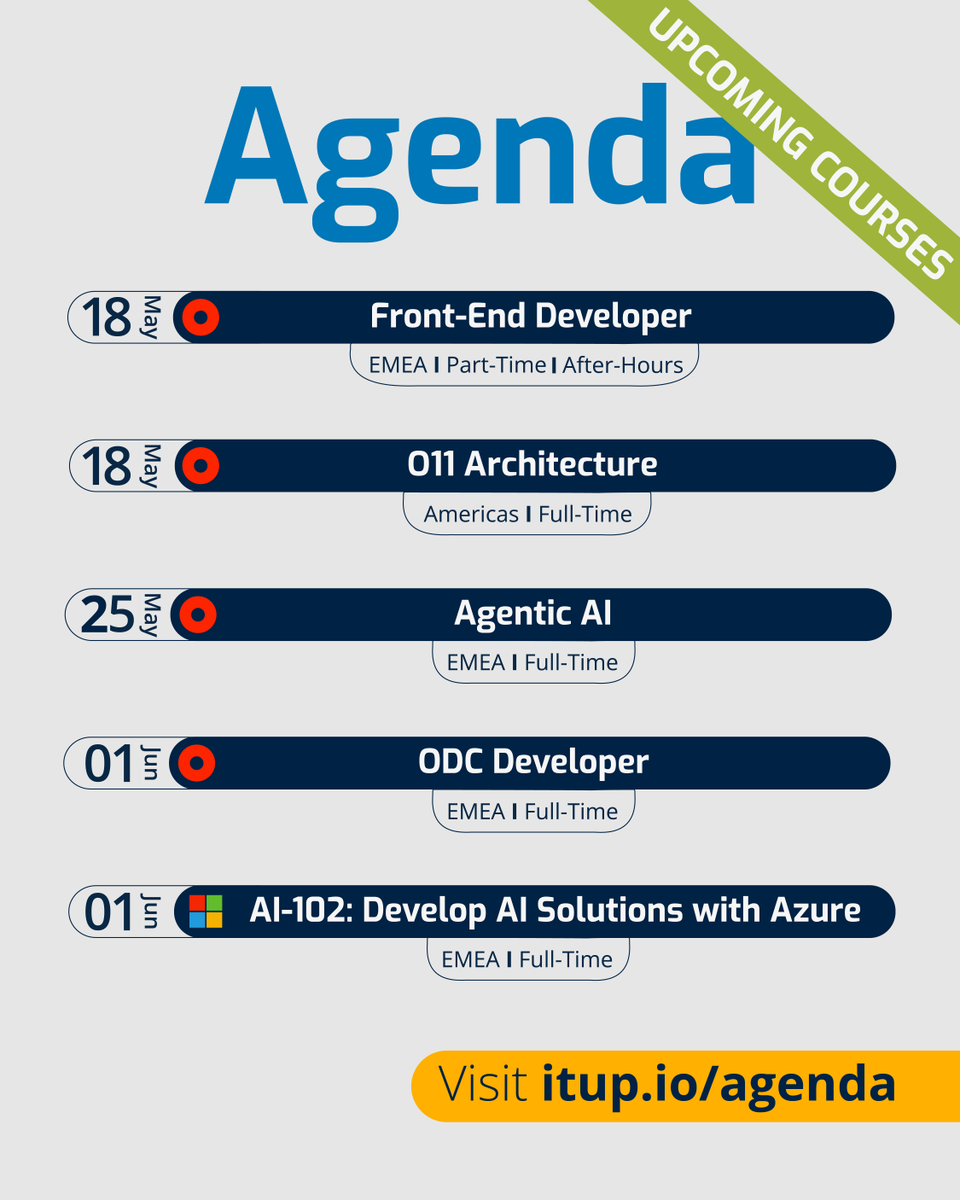 _ITUp_'s tweet photo. The tech landscape is moving fast. Are you?🚀

May &amp; June tracks are approaching! From Agentic AI to OutSystems ODC and Azure AI-102, master the tools defining 2026.

Don't just keep up, lead the wave. 🌊

Check the agenda: 🔗 https://t.co/U3G8OQh9wI

#itup #OutSystems #Microsoft https://t.co/cqZBgIiVE2