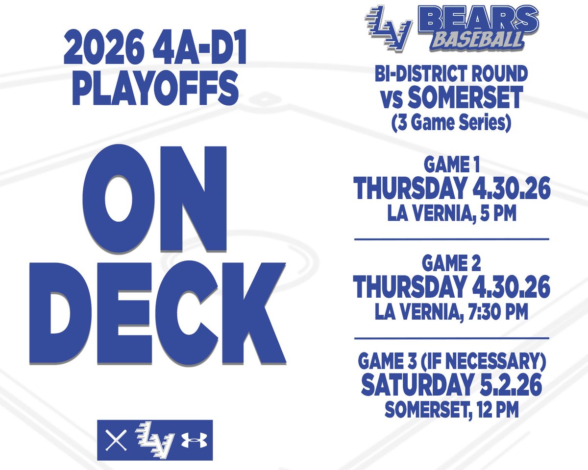 LVBearsBaseball's tweet photo. LV playoff schedule for the bi-district round starting Thursday, 04.30.2026. Bears host games 1 &amp; 2, game 3 if necessary in Somerset.

#BearDown | #WeDemBears

@4ATxHsBaseball @TxHS_Baseball @TxBaseballRpt @sanantoniohss @LaVerniaNews @wcnonline https://t.co/MLuQJ8svJ0