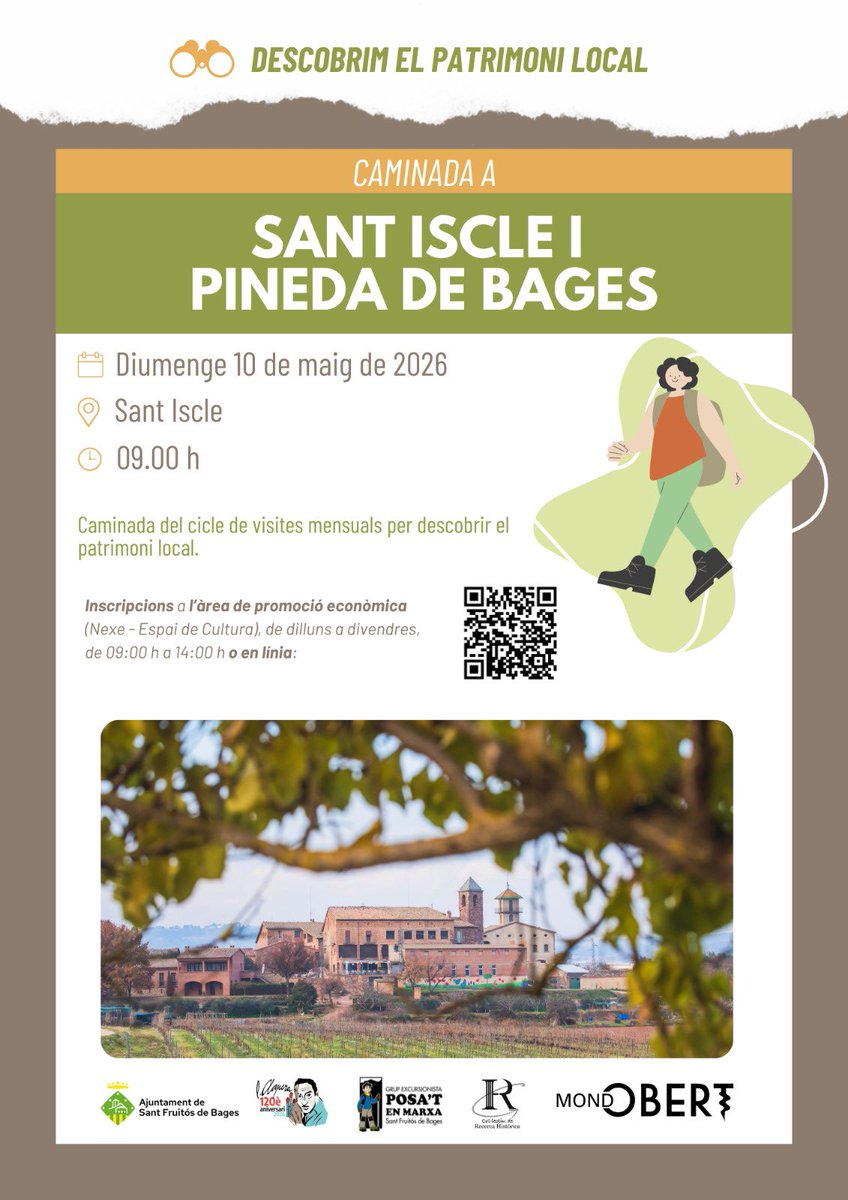 AjSantFruitos's tweet image. 🌿🚶🏽#Santfruitós organitza una caminada per descobrir el patrimoni local de Sant Iscle i Pineda de Bages.

🍷La caminada serà el diumenge 10 de maig i finalitzarà amb una visita al celler Mond Obert.

➕tuit.cat/r8YTz
#patrimoni #SFB #caminada