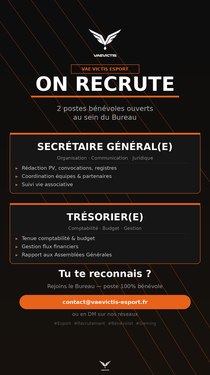 _jc_br's tweet image. Vae Victis recrute 🖤
On cherche un(e) Secrétaire Général(e) et un(e) Trésorier(e) pour rejoindre le Bureau. Postes bénévoles, 100% remote possible.
Tu es rigoureux(se) et passionné(e) de gaming ? 📩 contact@vaevictis-esport.fr
#Esport #Recrutement #Bénévolat #Gaming #VaeVictis