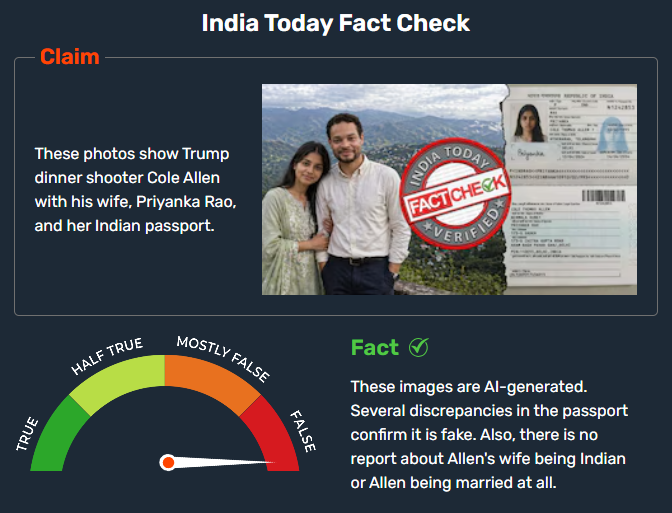 IndiaToday's tweet image. #FactCheck: 𝐏𝐚𝐤 𝐚𝐜𝐜𝐨𝐮𝐧𝐭𝐬 𝐥𝐢𝐧𝐤 𝐓𝐫𝐮𝐦𝐩 𝐝𝐢𝐧𝐧𝐞𝐫 𝐬𝐡𝐨𝐨𝐭𝐞𝐫 𝐭𝐨 𝐈𝐧𝐝𝐢𝐚 — 𝐮𝐬𝐢𝐧𝐠 𝐚𝐧 𝐀𝐈-𝐠𝐞𝐧𝐞𝐫𝐚𝐭𝐞𝐝 𝐰𝐢𝐟𝐞!

The photo of Cole Allen's 'Indian wife' is synthetic; as is the photo of her 'Indian passport'. There are no reports of Allen