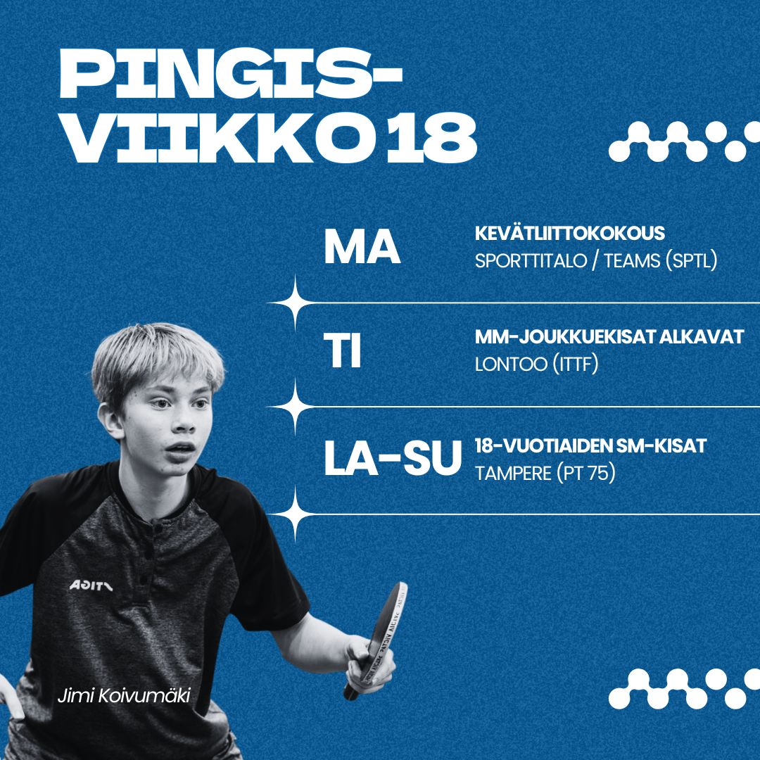 pingisliitto's tweet photo. Pingisviikko 18: Alkaneella pingisviikolla kokoustellaan, seurataan MM-joukkuekisoja ja ratkotaan 18-vuotiaiden SM-mitalien kohtalot. #pingis https://t.co/oMVYTQiVqP