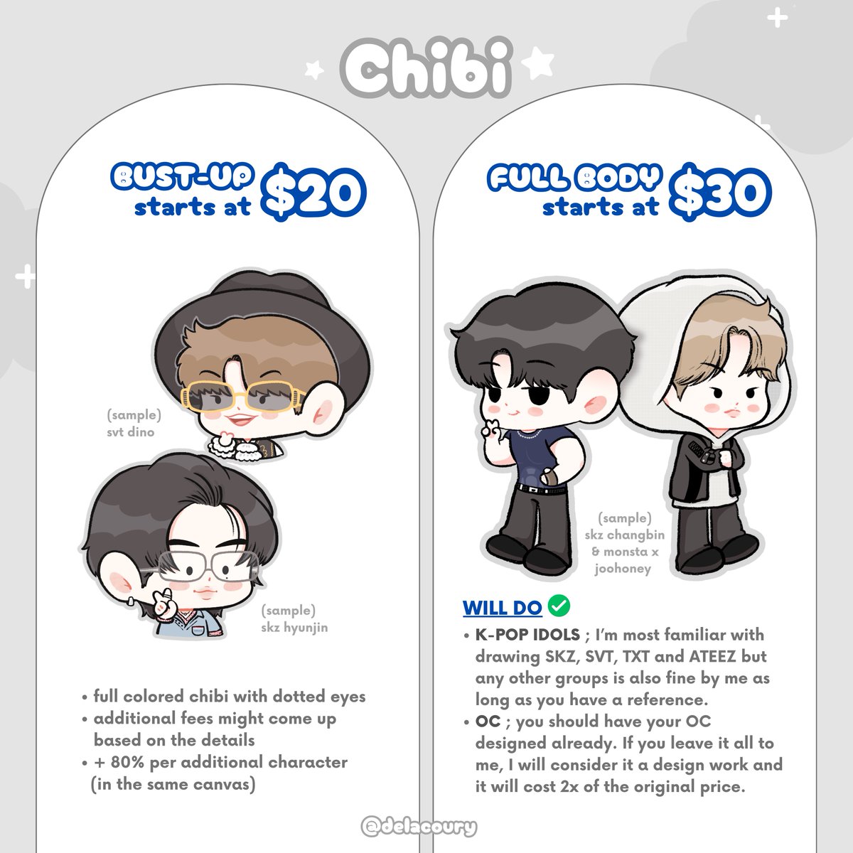 delacoury's tweet photo. ꒰ shares are appreciated ꒱

COMMISSION is open!☁️

🩵 ♾️ slots
🩵 reserve slots via DM only

#commission #chibicommission #animalillustration #chibidrawing #animaldrawing #straykidsfanart #skzoofanart #kpopfanart https://t.co/H5ZN9qA2tV