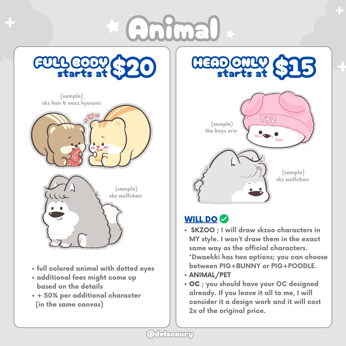delacoury's tweet photo. ꒰ shares are appreciated ꒱

COMMISSION is open!☁️

🩵 ♾️ slots
🩵 reserve slots via DM only

#commission #chibicommission #animalillustration #chibidrawing #animaldrawing #straykidsfanart #skzoofanart #kpopfanart https://t.co/H5ZN9qA2tV