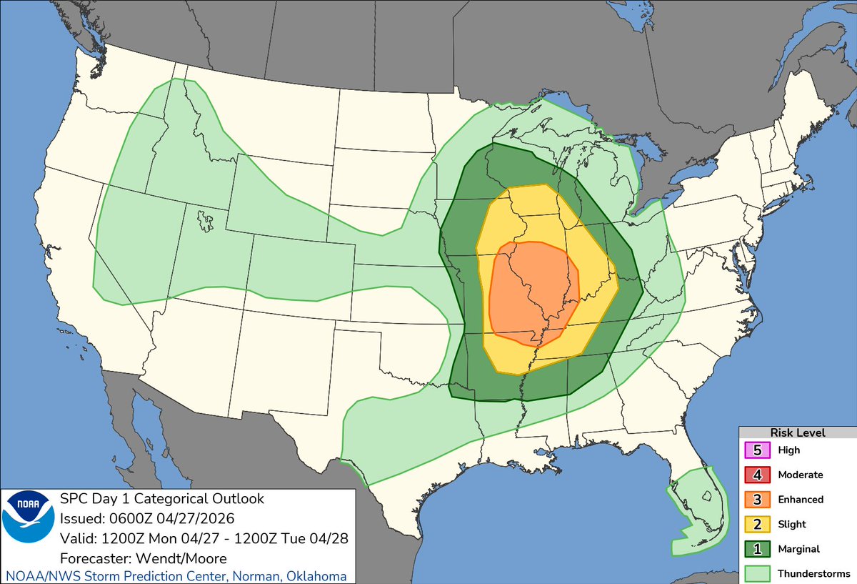 MichaelCromerr's tweet image. Few substantial changes from previous outlooks, denoting Enhanced all-hazard probability for the Mid MS Valley/Midwest region.  A few strong tornadoes are possible, particularly in the Enhanced-Risk.  #WxTwitter