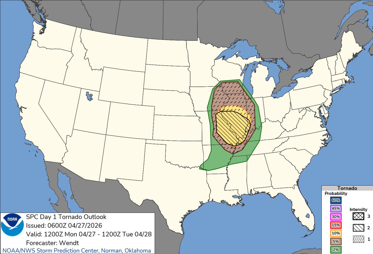 MichaelCromerr's tweet image. Few substantial changes from previous outlooks, denoting Enhanced all-hazard probability for the Mid MS Valley/Midwest region.  A few strong tornadoes are possible, particularly in the Enhanced-Risk.  #WxTwitter