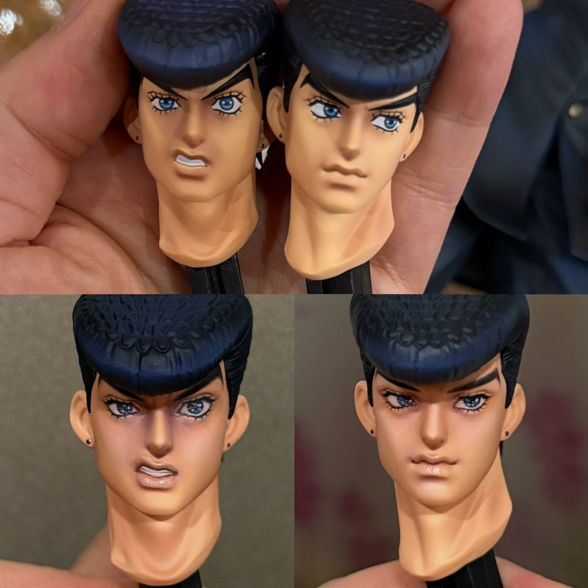 ttfaceup's tweet photo. I've finished repainting both head sculpts, and I can even swap the heads to put them together. So much fun! Josuke is my favorite JoJo character—brave and adorable 🥰
 #ジョジョの奇妙な冒険  #CustomFigure
#ttfaceup https://t.co/dEmuYOdysm