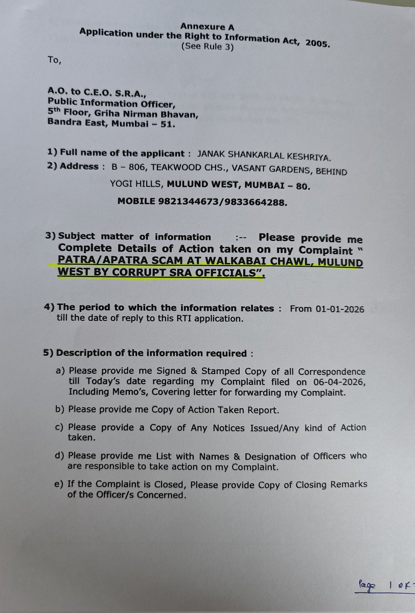 jskeshriya's tweet image. Rs.14.40 #crores #SRA #Scam in 1 Project (part project) :

As "No Action" has been taken on our #Complaint to #CEO SRA regarding "Patra/A-Patra Scam at Walkabai Chawl, #Mulund west by #Corrupt SRA Officials" (project by @prestigegroup ).

Today filed #RTI to find out the details