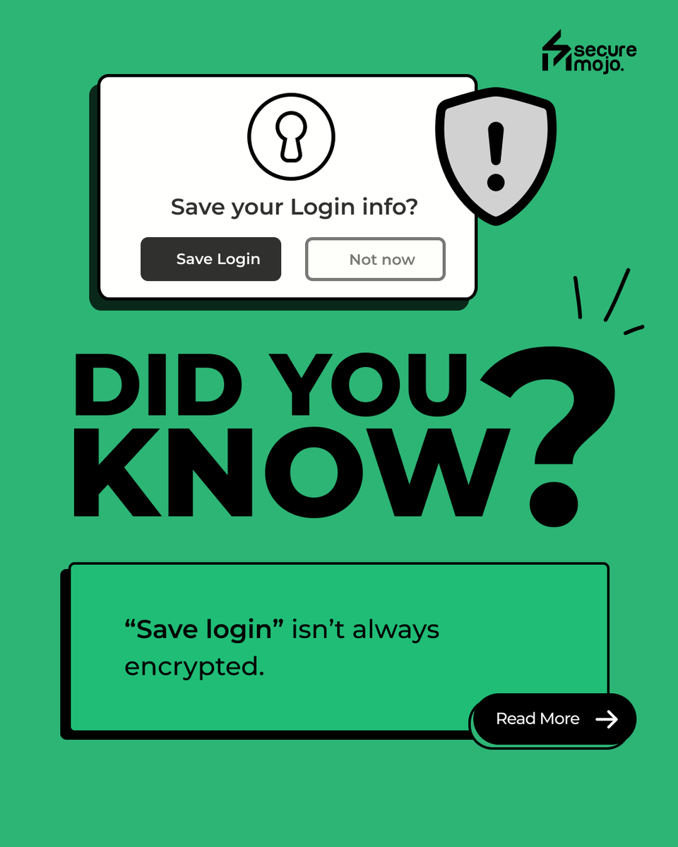 SecureMojo's tweet photo. That “Save login” click 👀
Might not be as safe as you think ⚠️ 

#securemojo #Cybersecurity #OnlineSafety #DigitalHygiene #OnlineProtection #cybersafe #LoginSecurity #AccountSecurity #SecureLogin #didyouknow https://t.co/HNxQoBy7YB