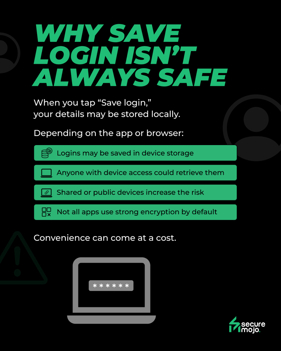SecureMojo's tweet photo. That “Save login” click 👀
Might not be as safe as you think ⚠️ 

#securemojo #Cybersecurity #OnlineSafety #DigitalHygiene #OnlineProtection #cybersafe #LoginSecurity #AccountSecurity #SecureLogin #didyouknow https://t.co/HNxQoBy7YB