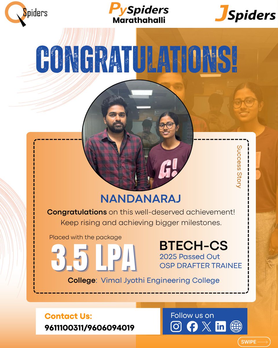 JspMarathahalli's tweet image. Congratulations NANDANARAJ on your achievement! 🎉
.
.

#jspidersmarathahalli #placementsuccess #congratulations #careergrowth #freshersjobs #itjobs #successstory
