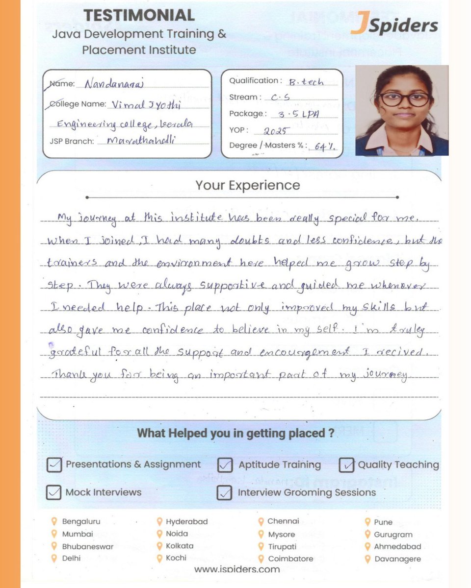 JspMarathahalli's tweet image. Congratulations NANDANARAJ on your achievement! 🎉
.
.

#jspidersmarathahalli #placementsuccess #congratulations #careergrowth #freshersjobs #itjobs #successstory