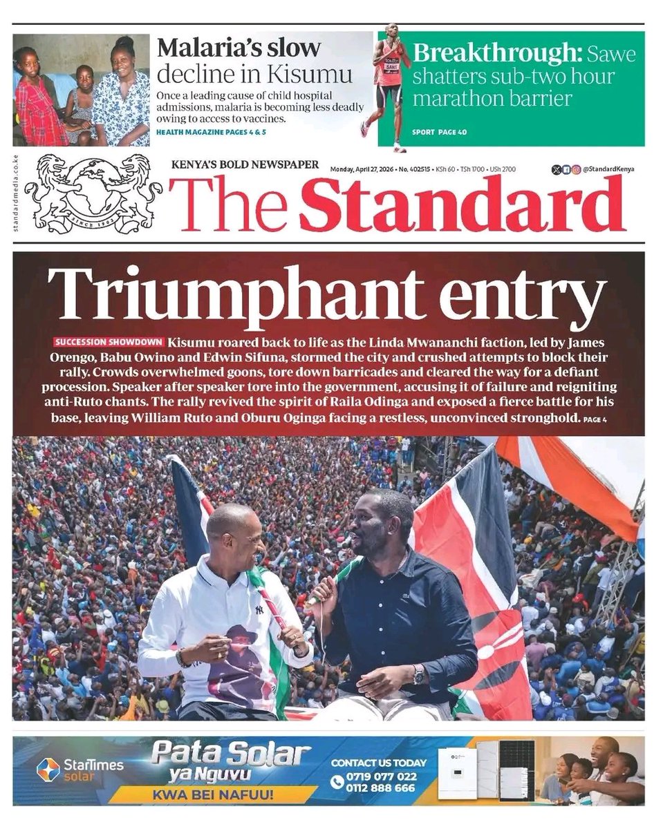 farhiyaabass's tweet photo. Sawe's story should be the main headline. It's trending globally-it's an incredible feat...but this is Kenya https://t.co/hea32C8Llq