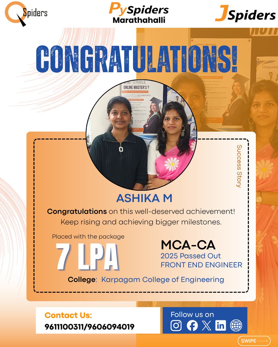 JspMarathahalli's tweet image. Congratulations ASHIKA M on your achievement! 🎉
.
.

#jspidersmarathahalli #placementsuccess #congratulations #careergrowth #freshersjobs #itjobs #successstory