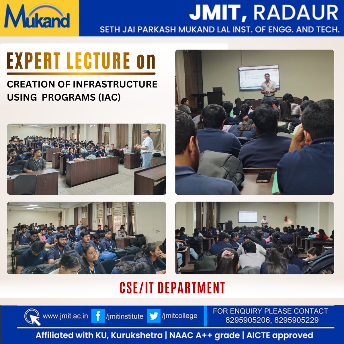 JmitCollege's tweet image. JMIT, Radaur organized an Expert Lecture on Infrastructure as Code (IaC) for CSE/IT students, focusing on modern tech practices and real-world applications.
#JMITRadaur #ExpertLecture #TechEducation #FutureEngineers