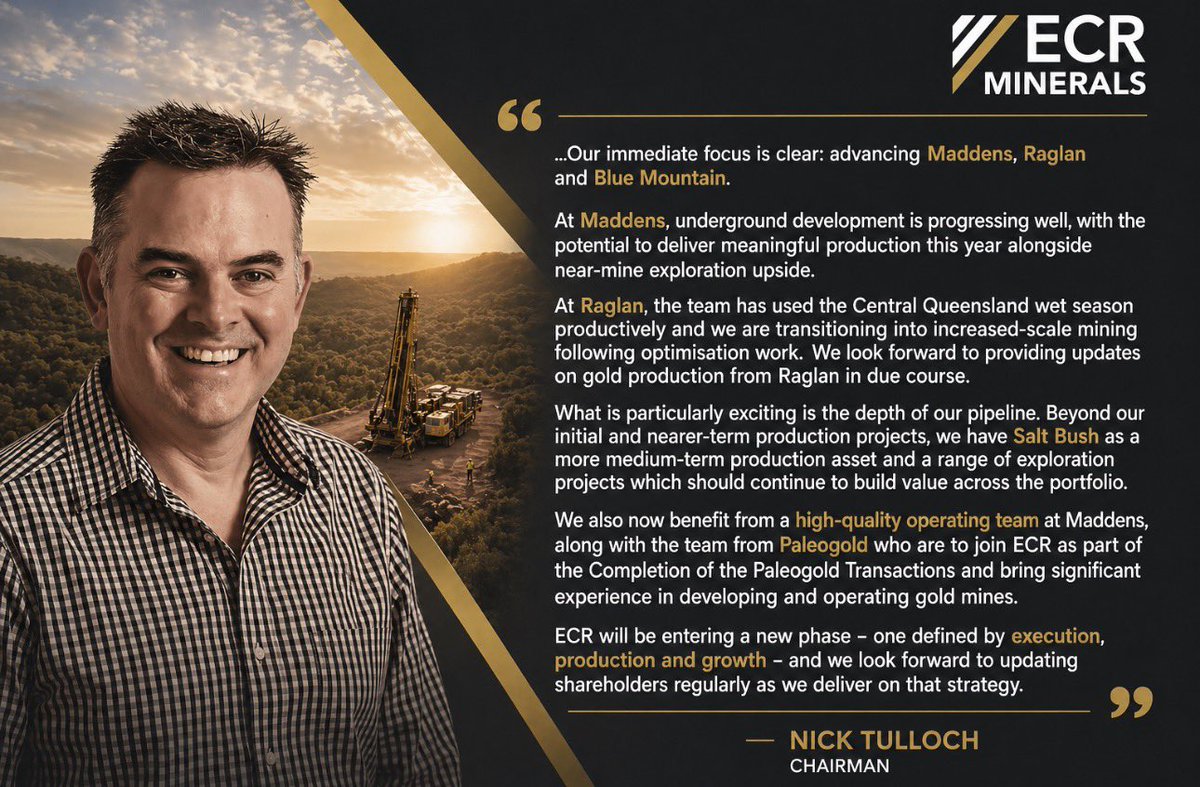 DavidBurton1971's tweet image. 👉 @ecrminerals Building a Multi-Project Gold Platform with Near-Term Production

#ECR has provided a comprehensive operational update, highlighting strong progress across its Australian portfolio and the transformational impact of the proposed Paleogold Transactions.

🔑 Key