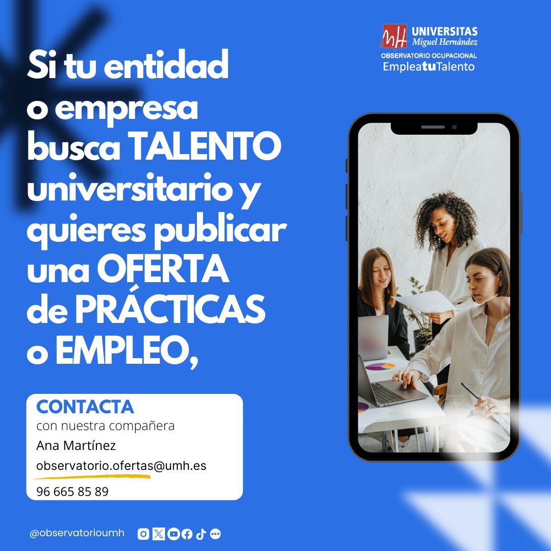 observatorioumh's tweet image. 📢📢 Si tu entidad o empresa 🏤 busca TALENTO universitario y quieres publicar una💼 #oferta de #prácticas o #empleo, 👥💬contacta con nuestra compañera en:

✉ observatorio.ofertas@umh.es
📞 o por teléfono 96 665 85 89

👦👧¡Tenemos muchos universitarios con ganas de aprender💪!