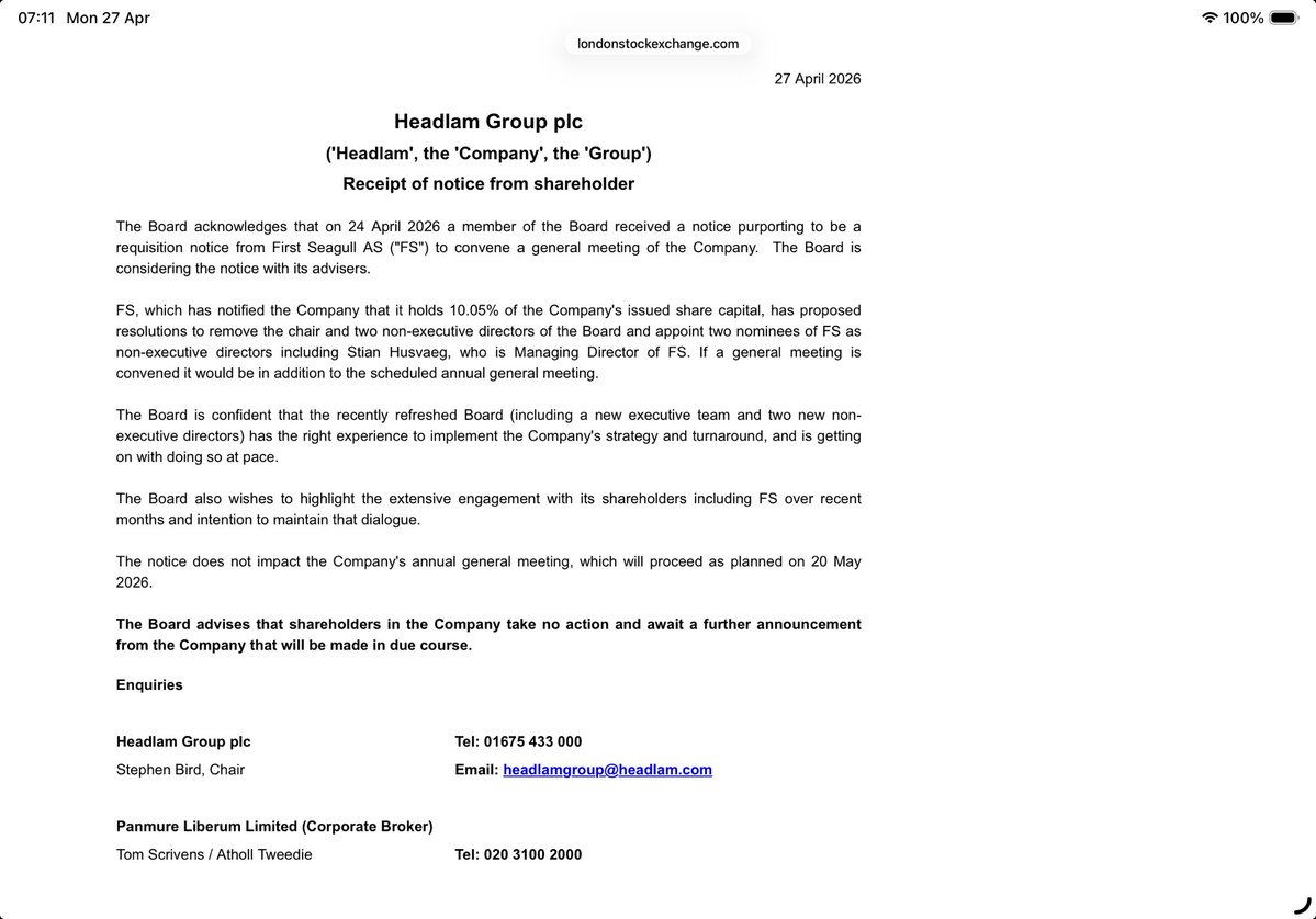 reb40's tweet image. #HEAD Oooo it’s all kicking off at Headlam

10.05% shareholder First Seagull is attempting to oust the Chair and 2 NED’s &amp;amp; put in place their own MD

Is carpet beating the new pillow fight in the corporate world? 🥊 

👀🍿🥤