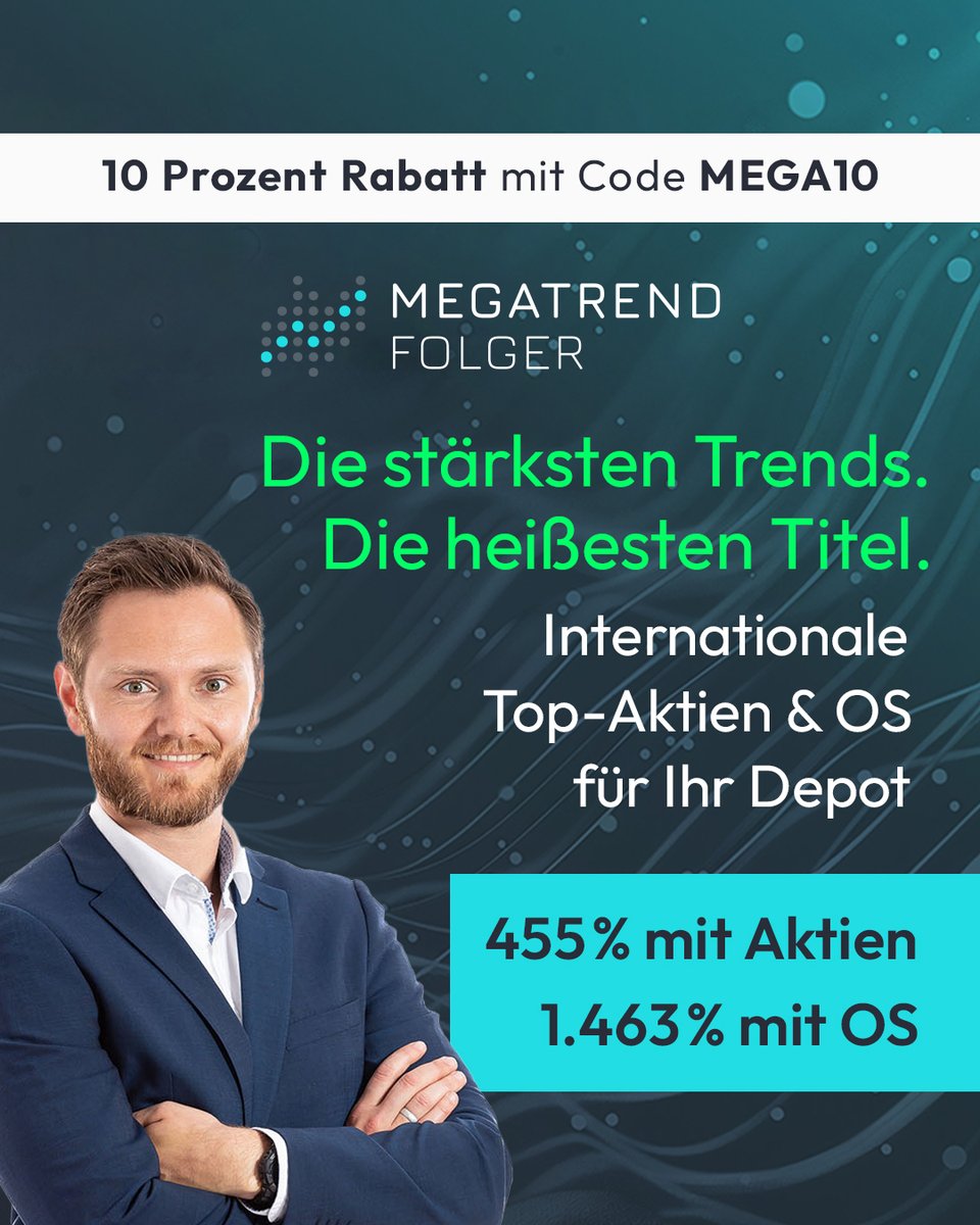 aktionaer's tweet photo. Megatrends erkennen. Gewinne systematisch nutzen. 🚀
 
Der Börsenbrief „Megatrend Folger“ setzt nicht auf Zufall, sondern auf eine klare Strategie: Investiert wird gezielt in die stärksten Unternehmen der großen Zukunftstrends – von KI bis starken Energietiteln. Diese Trends werden nicht nur identifiziert, sondern konsequent begleitet und aktiv gemanagt.
 
💡 Das Konzept dahinter:
• 2-Depot-Strategie: Aktien für Stabilität + Optionsscheine für den Rendite-Boost
• Systematischer Ansatz statt Bauchgefühl
• Trends laufen lassen & Gewinne sichern durch aktives Management (z. B. „Rollen“)
 
📈 Die Ergebnisse sprechen für sich:
Langfristig starke Performance mit drei- bzw. vierstelligen Zugewinnen in den Musterdepots.
 
👉 Der Vorteil:
Konkrete Kauf- und Verkaufssignale, klare Strategien und eine einfache Umsetzbarkeit.
 
🔥 Aktuell besonders attraktiv:
Mit dem Code MEGA10 gibt es derzeit 10 % Rabatt auf das Abo.
 
Starte jetzt und nutze die Kraft der Megatrends für dein Depot.
Alle Infos: https://t.co/g47MV16AYR