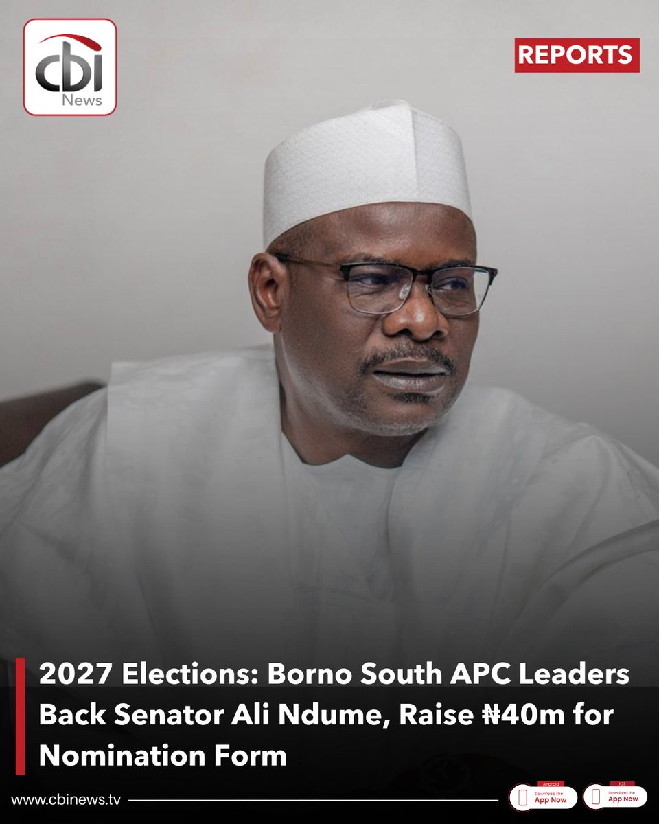 cbinewstv's tweet photo. Stakeholders of the All Progressives Congress in Borno South have unanimously endorsed Senator Ali Ndume for a return to the Senate, raising over ₦40 million to purchase his nomination form ahead of the 2027 elections.

Party officials described Ndume as a tested lawmaker with strong grassroots support, while also commending Governor Babagana Zulum for his inclusive leadership style. 

#CBINewsTV #NigeriaPolitics #APC #AliNdume #Borno #2027Elections