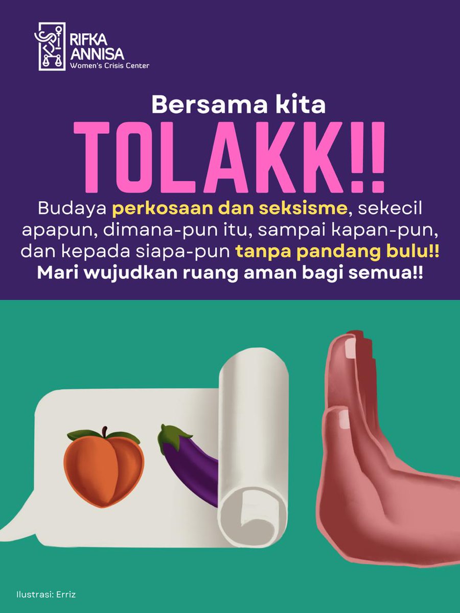 RAWCC's tweet image. Bersama kita tolak ragam bentuk penindasan terhadap perempuan mulai dari budaya seksisme, perkosaan, pelecehan, diskriminasi dan perilaku lain yang melukai banyak pihak!

#nonviolence #stopkekerasanseksual