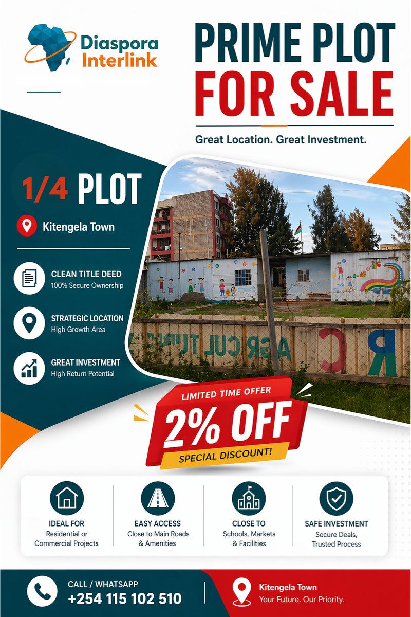 DInterlink's tweet photo. ¼ Acre in Kitengela Town — clean title, prime location, 2% off.
Diaspora Interlink. Secure. Trusted.
📲 +254 115 102 510
#KitengelaLand #LandForSale #DiasporaInterlink #KenyanRealEstate #InvestInKenya #TitleDeed #PlotForSale #BuyLandKenya https://t.co/m1vVt3kzuG