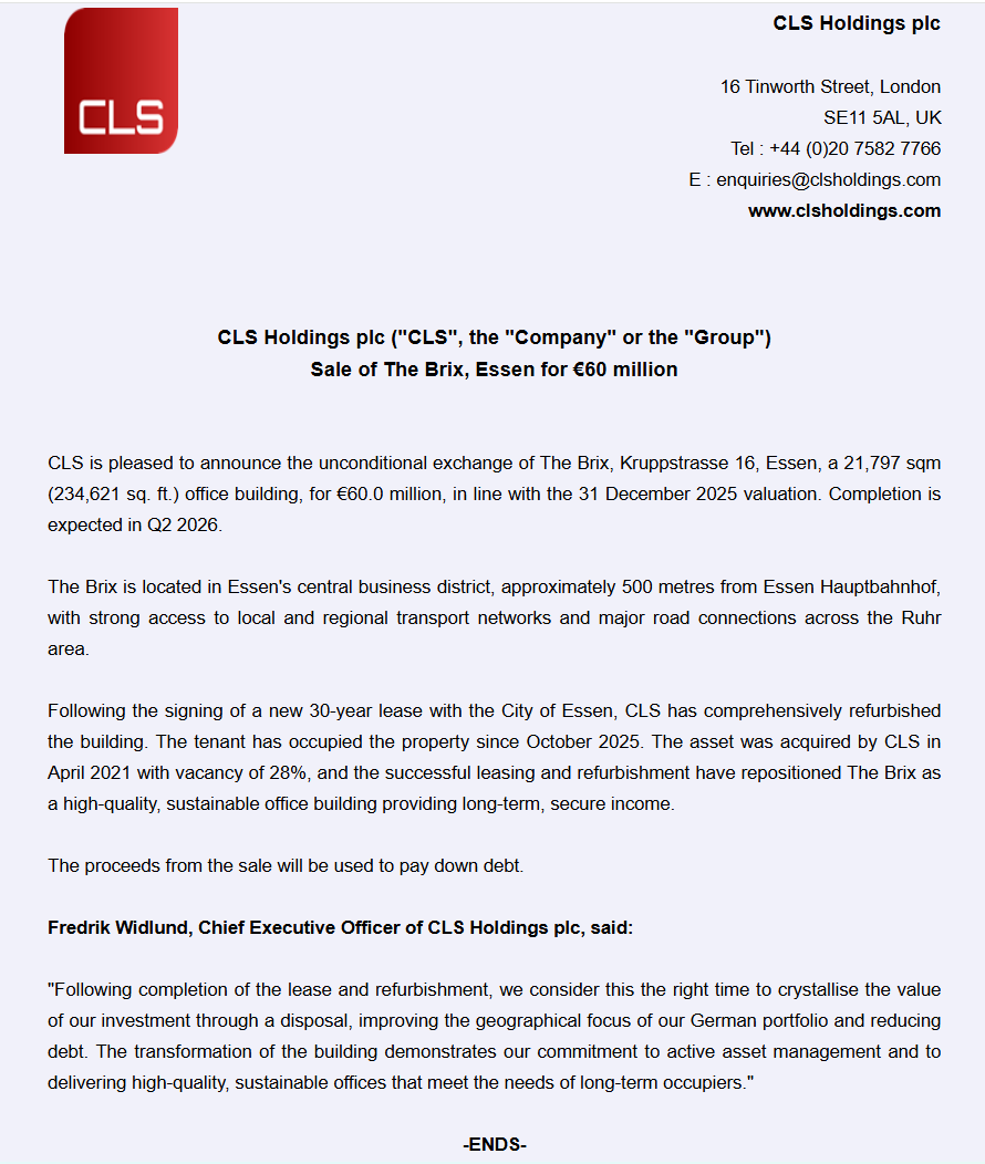 entrustTMF's tweet image. #CLI CLS announces sale of The Brix, Essen

investegate.co.uk/announcement/r…
