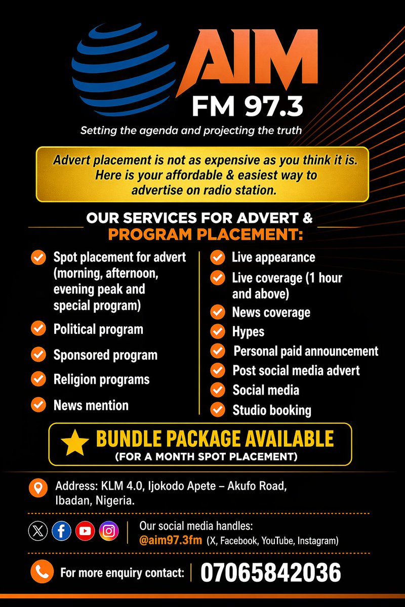 BronzeSam's tweet photo. Do you know?
"You can place your advert on radio as low as #4k"
Enter my dm now,let talk about business 🤩
#aimfm97.3
#radioadvert #businesspromotion https://t.co/eWHNpqbnT7