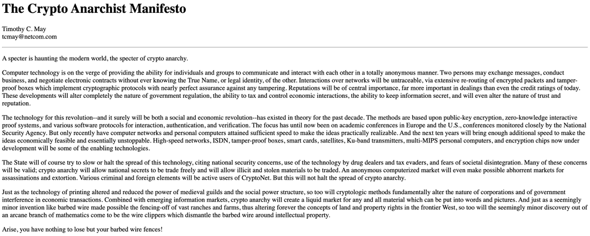 THORChain's tweet photo. In 1988 Timothy May wrote that permissionless economic transactions would become unstoppable. THORChain didn’t invent that idea. It just built it. 

https://t.co/yoJMaWqeK1 https://t.co/EgUzEobxmk