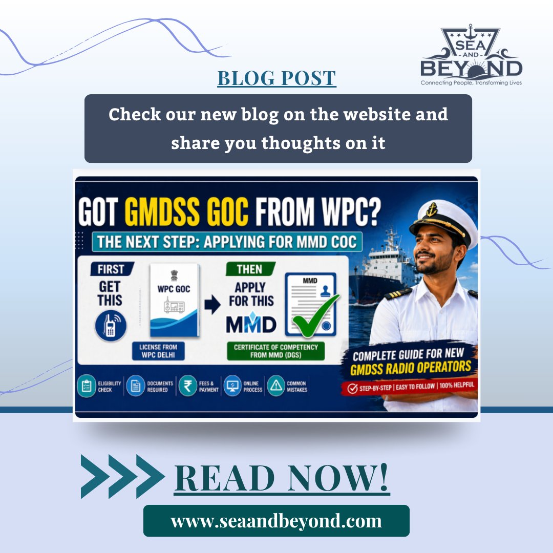 seaandbeyond001's tweet photo. 🚢 Got your #GMDSS #GOC from WPC?
Your next step is #MMD #COC.
Akshay Shrivastava breaks down the full process for new GMDSS #RadioOperators — from eligibility and documents to fees, online steps, and common mistakes to avoid.

Read now: https://t.co/PYCjEZ3IOx https://t.co/2NYUQdPPje