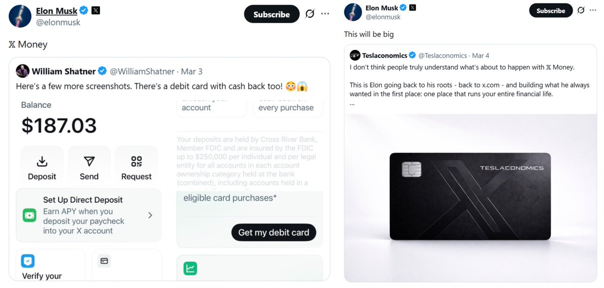 tatthang's tweet photo. X is quietly migrating creator payouts from Stripe to X Money.

Everyone is covering the features. 6% APY. Metal card. 3% cashback.

This is the actual play.

If you earn revenue share on X, your next payout lands inside X Money. Not your bank. Not PayPal. Not Stripe.

-> X Money.

Every neobank in history spent billions convincing people to move their money. Chime. Revolut. Cash App. All paid users to open accounts.

X just rerouted the paycheck. Zero acquisition cost.

Your money is already there before you made a decision.

Now connect this to what Bloomberg just confirmed.

xAI built a @grok finance assistant directly into X Money. It tracks your spending. Sorts your transactions. Answers questions about your investments.

Think about what data Grok is sitting on.

It already knows what you post. What you search. Which tickers you tap through Cashtags. What content makes you stop scrolling.

Now it knows what you spend.

No company on Earth has both the social graph and the financial graph of 500M people.

Banks know your money. Social platforms know your attention.

X just merged both. With an AI layer on top.

Bloomberg called this a "banking tool."

That's like calling the iPhone a phone.