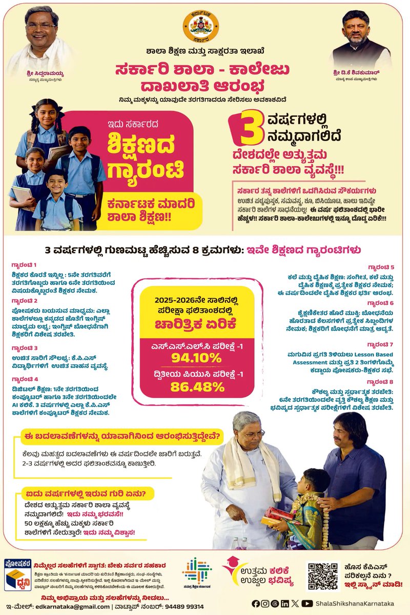 ನಾಡಿನ ಸರ್ಕಾರಿ ಶಾಲೆಗಳು ಮಕ್ಕಳಿಗೆ ಅನ್ನ, ಅಕ್ಷರ, ಮಾನವೀಯ ಮೌಲ್ಯಗಳನ್ನು ಧಾರೆಯೆರೆದು, ಸುಶಿಕ್ಷಿತ, ಸದೃಢ, ಸೌಹಾರ್ದ ಸಮಾಜ ನಿರ್ಮಾಣಕ್ಕಾಗಿ ಶ್ರಮಿಸುತ್ತಿವೆ.

ಮಕ್ಕಳು ಸ್ವಾಭಿಮಾನದಿಂದ ಸಮಾಜಮುಖಿಯಾಗಿ ಬೆಳೆಯಲು, ಉತ್ತಮ ಶಿಕ್ಷಣ ಪಡೆಯಲು ನಮ್ಮ ಸರ್ಕಾರ ಸಕಲ ಸವಲತ್ತುಗಳನ್ನೂ ನೀಡುತ್ತಿದೆ. ಉಚಿತ ಪಠ್ಯಪುಸ್ತಕ, ಶೂ, ಬಿಸಿಯೂಟ, ಹಾಲು,