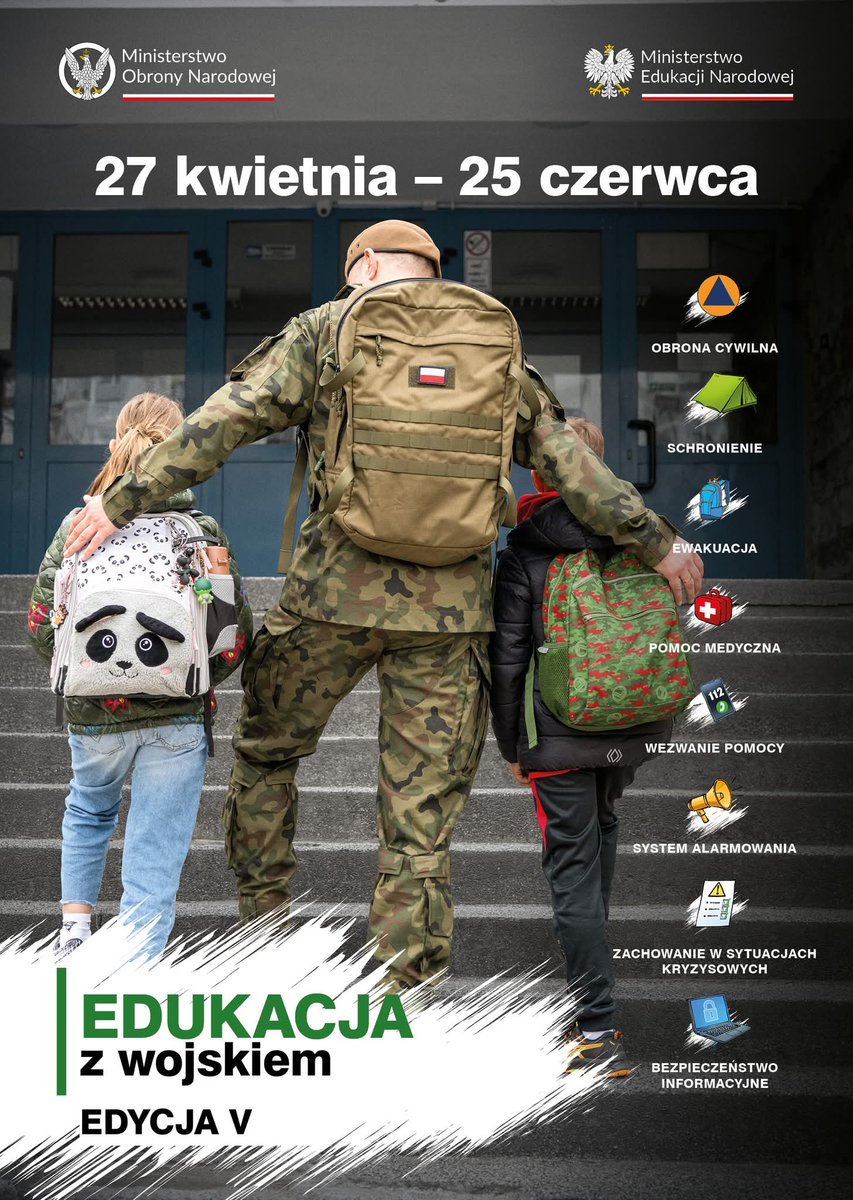 WCR_Krakow's tweet image. Rusza 5. edycja programu „Edukacja z Wojskiem”! 🇵🇱🪖🏫
To inicjatywa #MON we współpracy z #MEN, która ma na celu przygotowanie uczniów do działania w sytuacjach kryzysowych oraz wzmacnianie ich odporności na współczesne zagrożenia. 💪
Więcej informacji: gov.pl/.../edukacja-z…