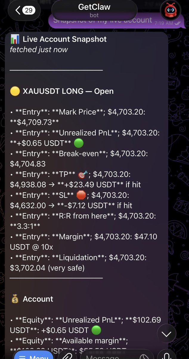 Buddyspa11's tweet photo. GM Buddies 🤍🦅

Happy New Week

🦞 #GetClaw Competition Recap, My 7-Day AI Trading Journey on @bitget 

Most traders think the edge is in better entries.

Mine came from something simpler: I stopped interfering.

1️⃣ Strategy: Let AI execute, not advise
Going into this, I made one rule:
No manual overrides. No emotional exits.
Every trade (Apr 20–27) was:
•Initiated by GetClaw
•Managed by GetClaw
•Closed by system logic

Phase 1: Clean execution (This is what “right” looks like)

I started with US equity derivatives where signals were clearer.
• MSTR — Long @ $165 → Exit $174.47 (+5.7%) • AAPL — Long @ $267.55 → Exit $272.06 (+1.7%)

Both trades followed the same structure:
•Wait for confluence
•Enter clean
•Let the system handle exit
No stress. No second-guessing.

Phase 2: Where I messed up
Mid-week, I shifted into altcoins:
• ZBTUSDT • APEUSDT
Both setups were valid.

The mistake?
•I oversized
•I ignored account context
Both hit SL exactly as planned.
Losses weren’t the problem.
Position sizing was.

🔁 The comeback trade (This changed everything)
Then came INTCUSDT.

GetClaw flagged:
•56–58% short crowd (overloaded)
•Taker ratio → 2.11 (buyers stepping in)
•40+ hours of pressure building
Entry: $82.82 Exit: $84.78 (TP auto-hit) Result: +$3.87
No interference. Just execution.

Final trade (Still open)
BTCUSDT Long
Same squeeze setup:
•57%+ shorts crowded
•Funding flipped negative
•Strong taker buy pressure
•Asia markets pushing highs

Entry: $79,379 Scale-in: $78,700 TP: $81,400

Now it’s just waiting.
 What actually changed my results
Not the signals.
Not the strategy.
Execution.

I stopped treating GetClaw like: → “What should I trade?”
And started using it as: → “Execute this without emotion.”
Because here’s the truth:
•SL gets hit → trade closes
•TP gets hit → profit locked
•No “let me adjust this quickly”
That discipline is enforced.

 Real lesson (Most people ignore this)
The losses didn’t come from bad signals.

They came from:
•Oversizing
•Forcing trades
•Breaking structure
The wins came from:
•Following the system
•Respecting size
•Letting execution play out
 Going forward

If I repeat this:
•Fewer trades
•Higher conviction
•Strict sizing
•Zero interference
Because consistency isn’t prediction.
It’s execution.

Curious, how did you handle your losing streak?
Did you:
•Reduce size
•Pause trading
•Or keep firing?

Drop it below 👇

#GetClaw #BitgetAIAgent