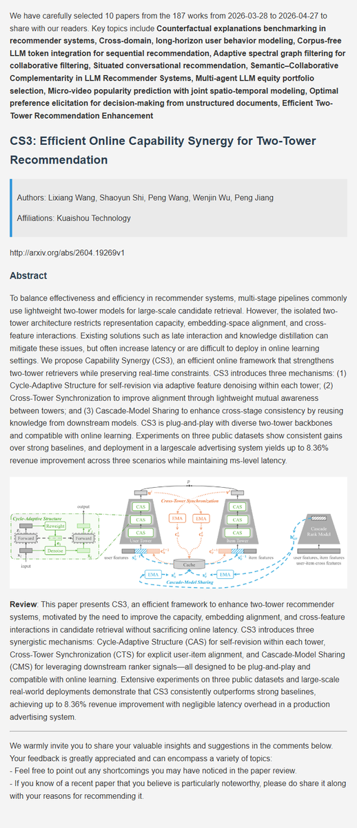 BayCoralee26992's tweet photo. Recommendation latest research progress | 10. CS3: Efficient Online Capability Synergy for Two-Tower Recommendation
#AI  #DeepLearning  #ArtificialInteligence  #Datascience  #Research  #recsys https://t.co/roRVEeMJj7