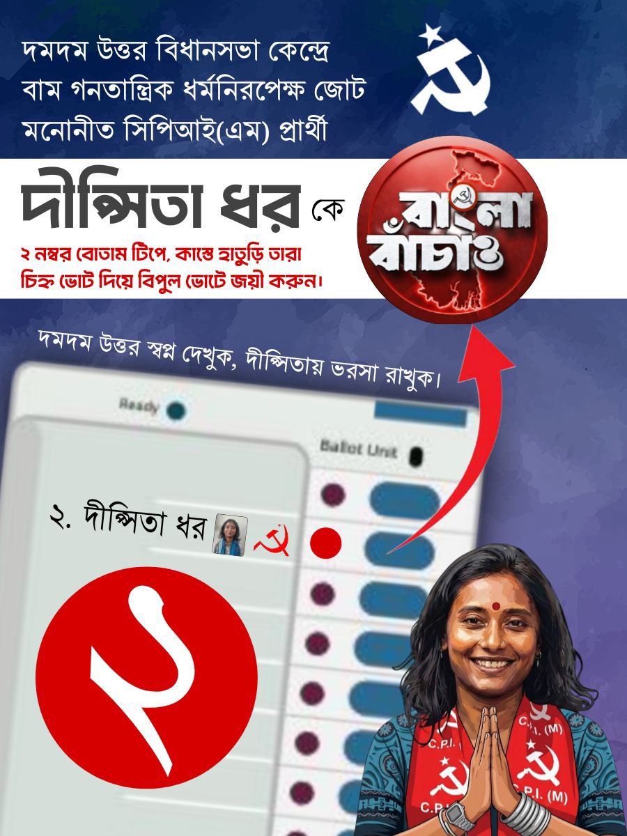 AnindyaDas1's tweet image. দমদম উত্তর বিধানসভা কেন্দ্রে বাম গনতান্ত্রিক ধর্মনিরপেক্ষ জোট মনোনীত সিপিআই(এম) প্রার্থী

দীপ্সিতা ধর কে

২ নম্বর বোতাম টিপে, কাস্তে হাতুড়ি তারা চিহ্ন ভোট দিয়ে বিপুল ভোটে জয়ী করুন।

#CPIM #Vote4Left #VoteForChange