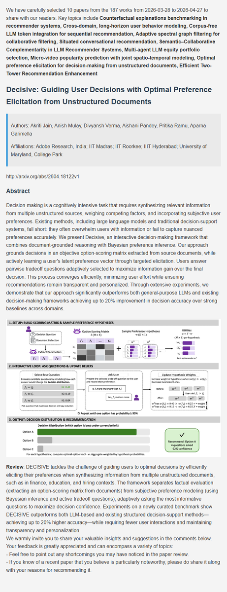 BayCoralee26992's tweet photo. Recommendation latest research progress | 9. Decisive: Guiding User Decisions with Optimal Preference Elicitation from Unstructured Documents
#AI  #DeepLearning  #ArtificialInteligence  #Datascience  #Research  #recsys https://t.co/X11C0Q8bju