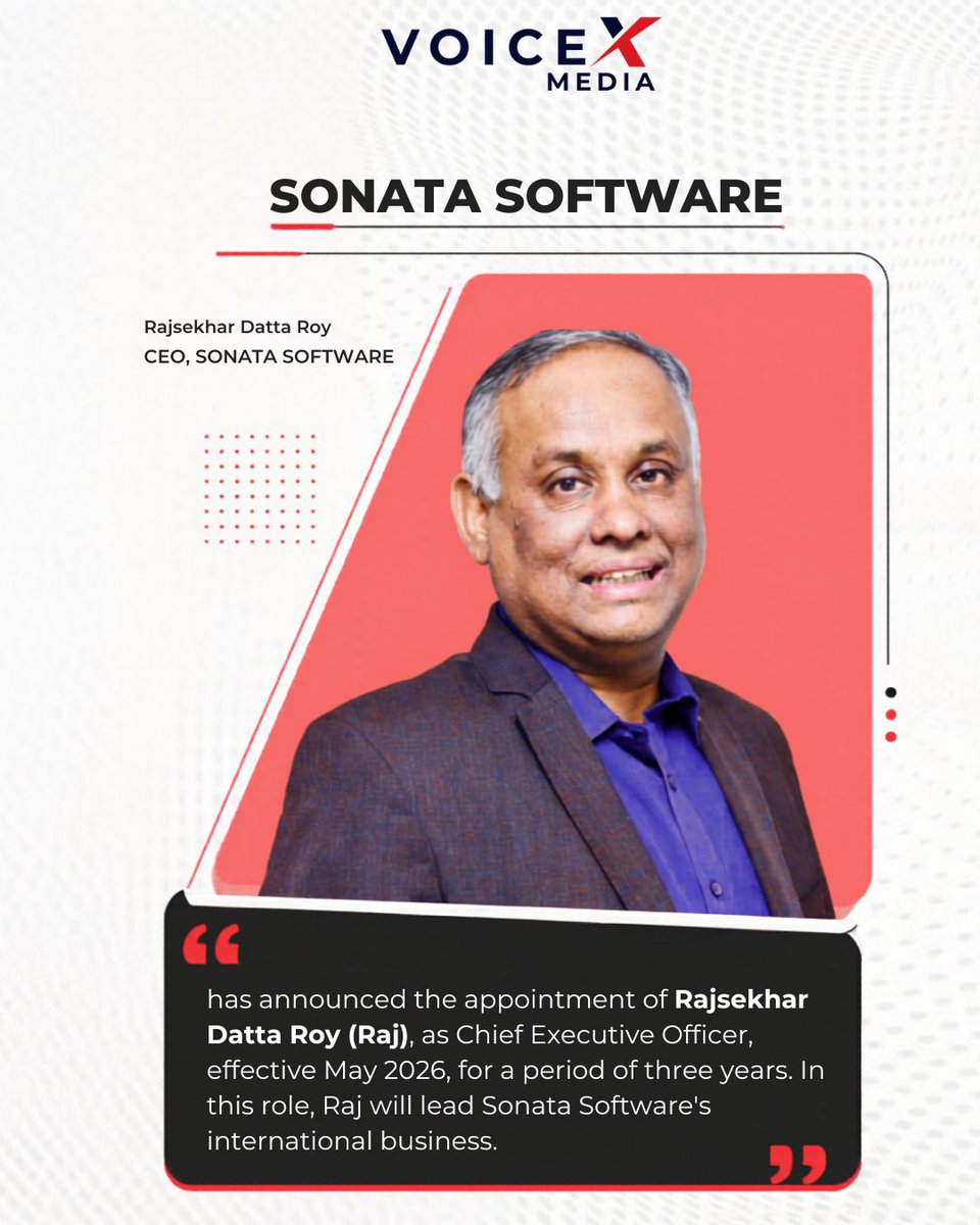 voicexmedia_'s tweet image. Leadership shift in India’s IT space 🚀

Sonata Software appoints Rajsekhar Datta Roy as CEO (May 2026), signaling stronger global growth and AI-led transformation.

#LeadershipUpdate #SonataSoftware #AITransformation #IndiaTech