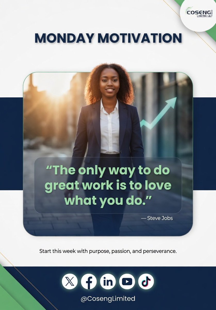 CosengLimited's tweet photo. Monday Motivation!

As Steve Jobs once said, “The only way to do great work is to love what you do.”

This Monday, step into the week with purpose, passion, and perseverance.
let this be your week of impact.

Wish you a Lovely Week 💕 https://t.co/9MA7Kj0Z4n