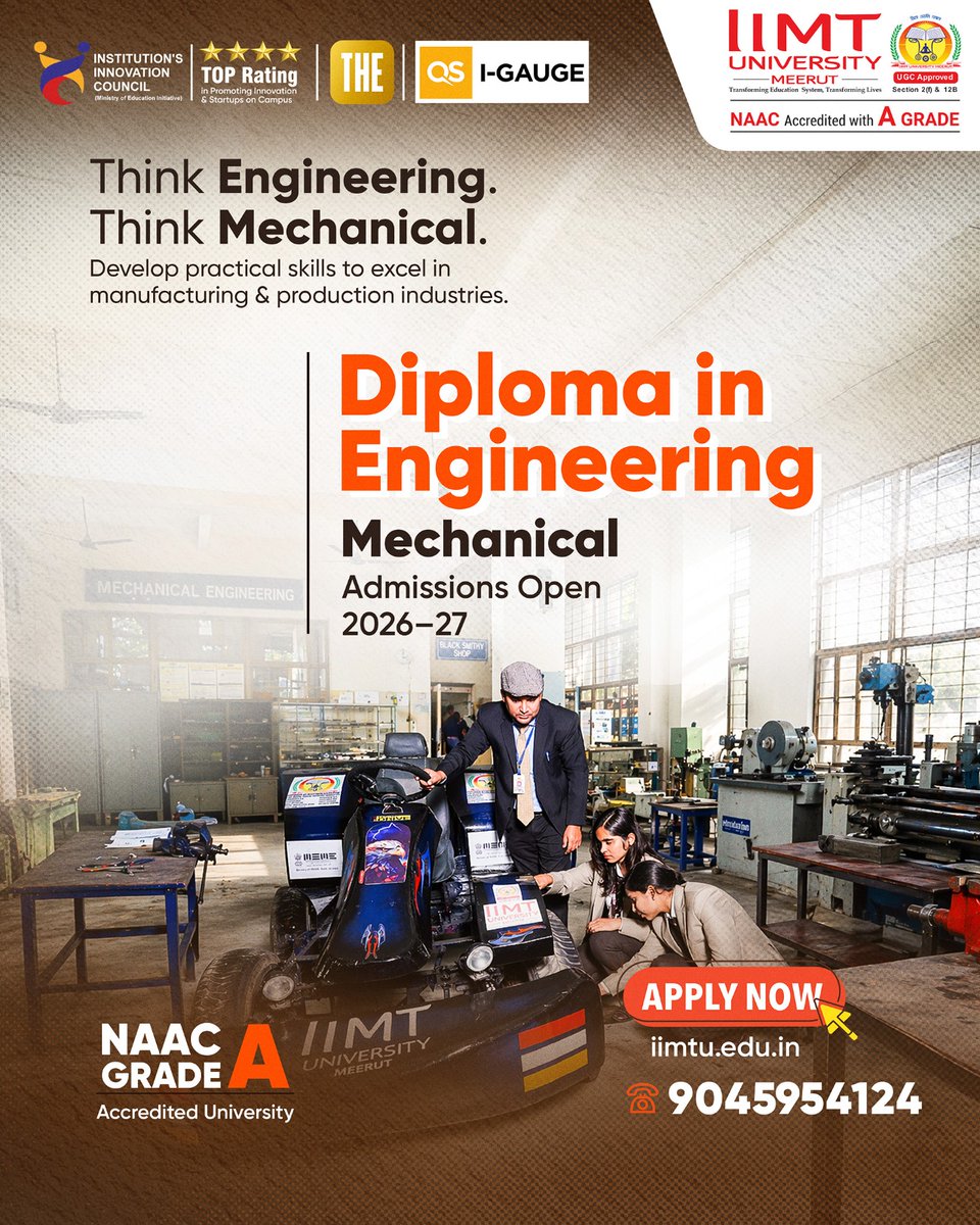 IIMT_U's tweet image. Turn your passion for machines into a career 
Diploma in Mechanical Engineering at IIMT University builds skills in design, manufacturing &amp;amp; real-world projects.
Admissions Open 2026–27 📚
#IIMTUniversity #MechanicalEngineering #DiplomaEngineering #FutureEngineers #AdmissionsOpen