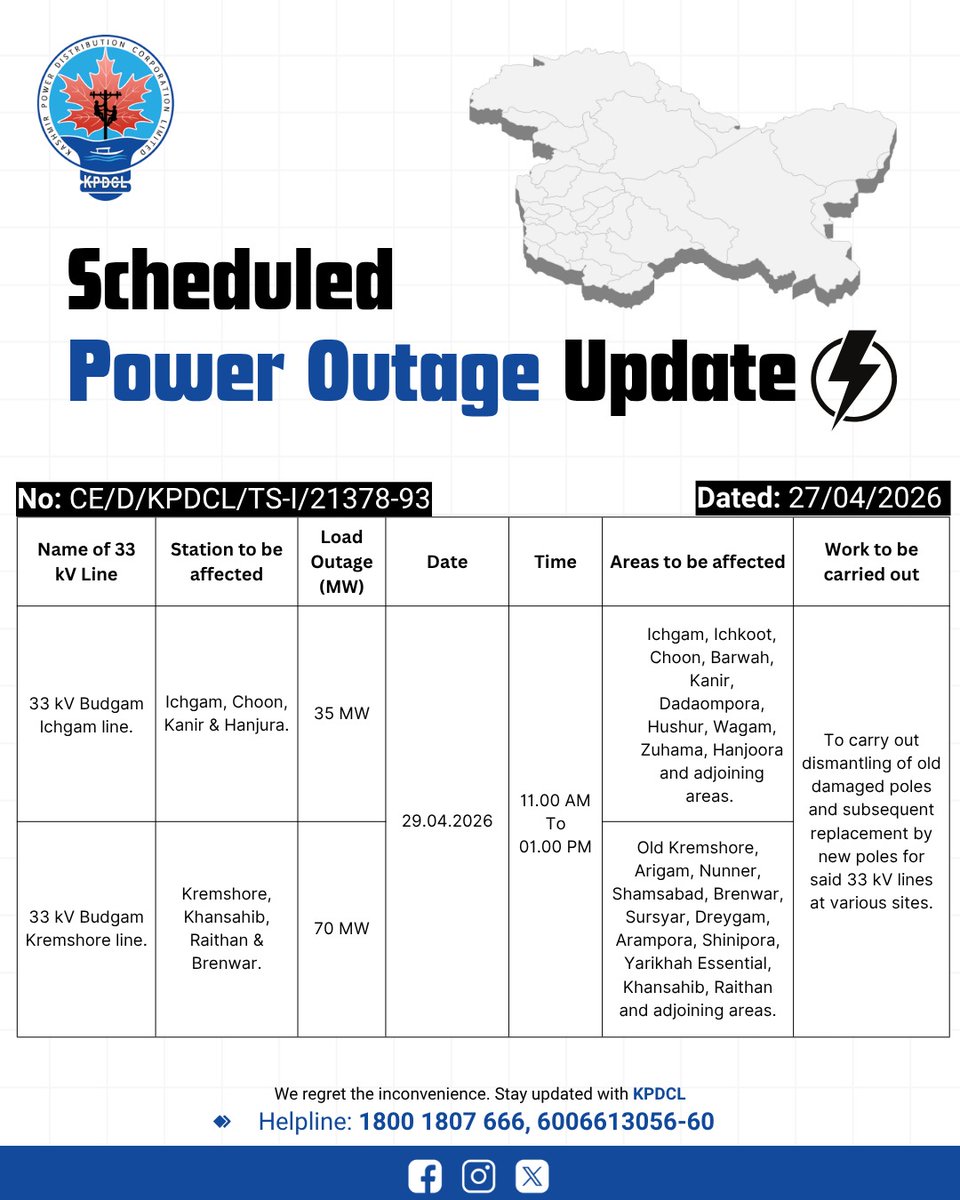 kpdcloffice's tweet image. Scheduled Power Shutdown Update of 33 KV Line.

Stay prepared!

We regret the inconvenience caused.

#KPDCL #SHUTDOWN

@CM_JnK @OfficeOfLGJandK @diprjk @nasirsogami @DivComKash @GreaterKashmir @RisingKashmir