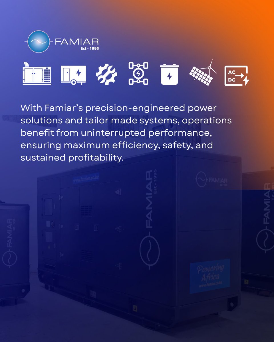 FamiarSystems's tweet image. We delivers precision engineered power solutions  for demanding operations where reliability isn’t optional.
0727317777
 famiar.co.ke

#PowerSolutions #IndustrialPower #MiningOperations #OffGridPower #EnergyEfficiency #PowerSystems #CriticalPower #EngineeringSolutions
