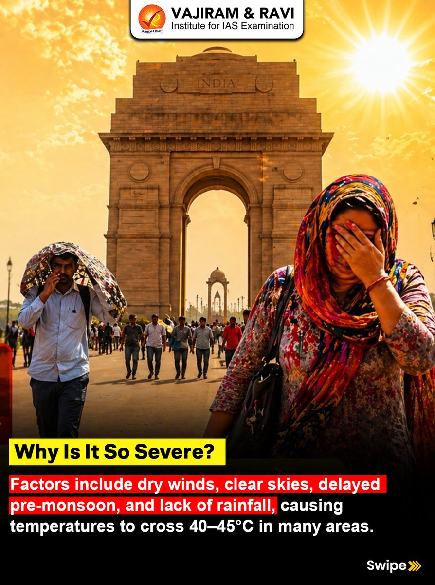 VajiramRavi's tweet image. 🔥 India = World’s Hottest Zone Right Now?!

A shocking trend: 95 out of the 100 hottest cities globally are in India 😳

#HeatwaveIndia #ExtremeHeat #ClimateCrisis #GlobalWarming #Environment #UPSC2026 #UPSCPreparation #IASPreparation #CurrentAffairs #GeographyNotes #UPSCNotes