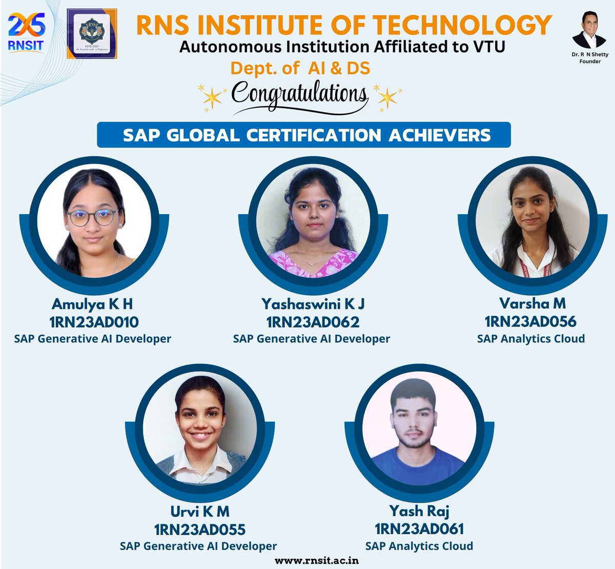 rnsit_cse_ds's tweet image. Celebrating our AI &amp;amp; DS students for achieving SAP Certifications! 🎉
Proud moment for RNSIT wishing them continued success ahead. 🚀
#RNSIT #AIDS #SAPCertification #StudentAchievement