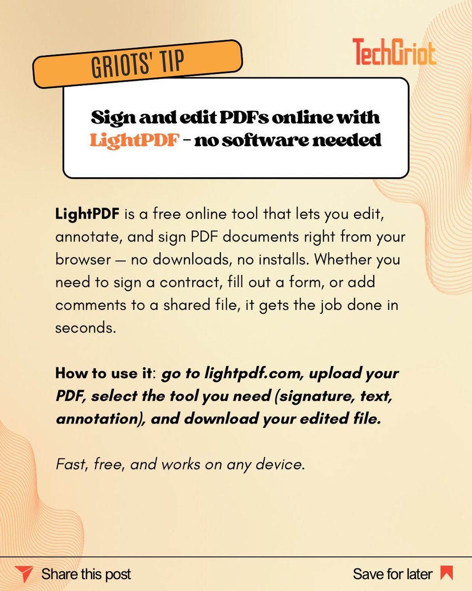 TechGriot's tweet image. Happy Monday! 🌍 Kicking off the week with a tip that'll save you serious time. Sign or edit a PDF without complicated software? Yes — and it's free. Check it out with Griots' Tips ⚡ Every day at 8:30 AM!
#techgriot #tech #tips