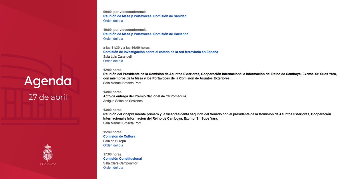 Senadoesp's tweet image. 👉Agenda del #Senado para hoy #27Abril:

➡️ Visita del presidente de la Comisión de Asuntos Exteriores de Camboya, Suos Yara
➡️ Acto de entrega del Premio Nacional de Tauromaquia
➡️ Actividad de Comisiones

📄 senado.es/web/actividadp…