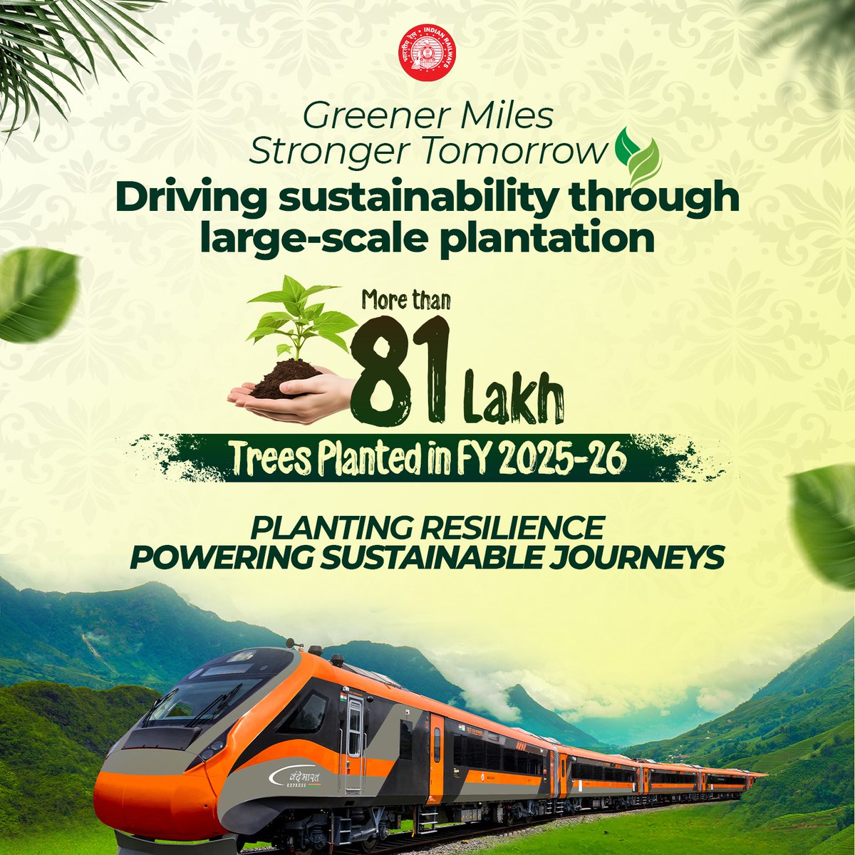 DRMBRCWR's tweet image. भारतीय रेल वित्त वर्ष 2025-26 में 81 लाख से अधिक पेड़ लगाकर अपने हरित प्रयासों को सुदृढ़ बना रही है, जो प्राकृतिक कार्बन सिंक के रूप में कार्य करते हुए मृदा अपरदन को भी कम कर रहे हैं। 🌱🚆

#Environment #Greenrailways #Climate #Sustainableindia #Indianrailways #Westernrailways