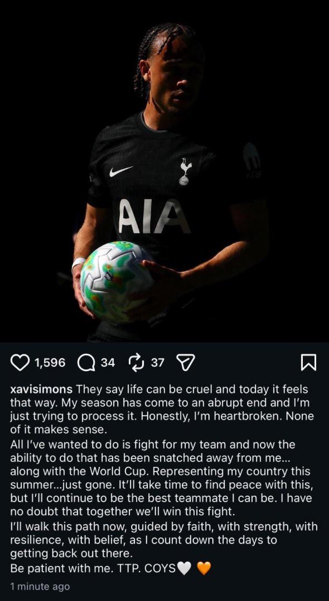 SportsPeteO's tweet image. Tottenham and Netherlands star Xavi Simons confirms he will miss the rest of the season and World Cup after being stretchered off against Wolves. #THFC #Netherlands #WorldCup