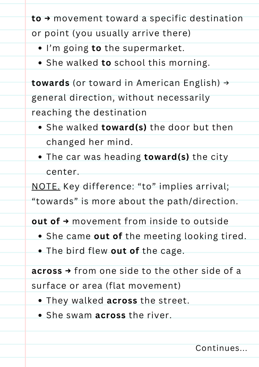 Horizonspte's tweet image. Monday: #Grammar Prepositions of movement (or direction) are essential for your language. Check them out. Any doubts? Just ask! Please follow and share! Now practice. Write your own sentences in the comments, and I will correct you if necessary. #Horizonspte #Prepositions